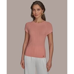 Donna Karan Coral Ribbed Short Sleeve Crew Neck Sweater